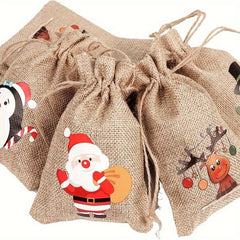 12pcs Christmas Burlap Gift Bags Drawstring Bibs, 4 Patterns