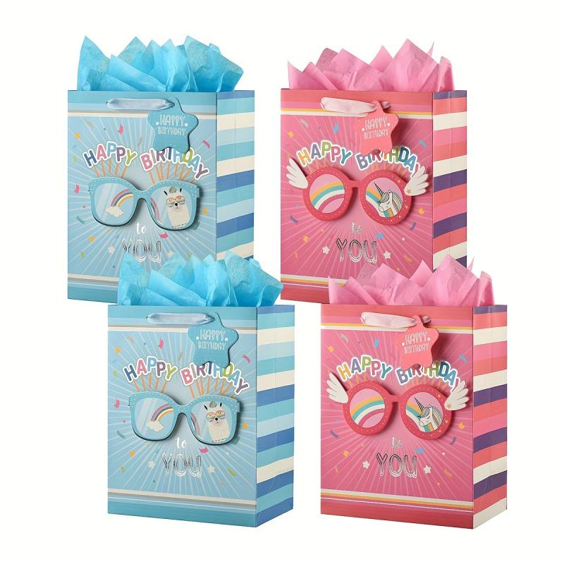 4pcs Happy Birthday Gift Bags with Tissue Papers and Tag - Medium
