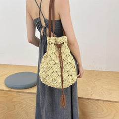 Summer Straw Bag Casual Shoulder Bag Tassel Bucket Bag