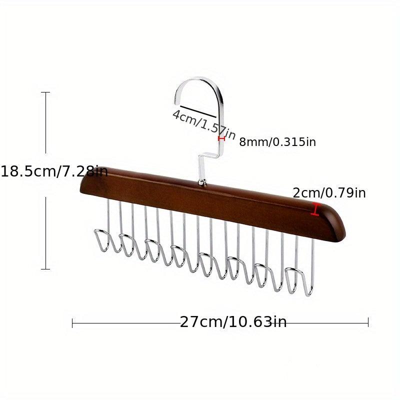Solid Wood Hanging Rack for Belts, Hats, Ties - 8 Hooks - 2 Colors