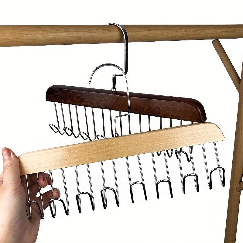 Solid Wood Hanging Rack for Belts, Hats, Ties - 8 Hooks - 2 Colors
