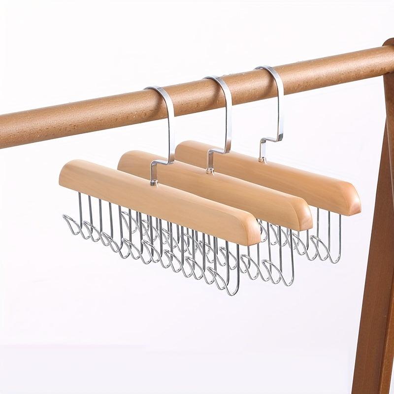 Solid Wood Hanging Rack for Belts, Hats, Ties - 8 Hooks - 2 Colors
