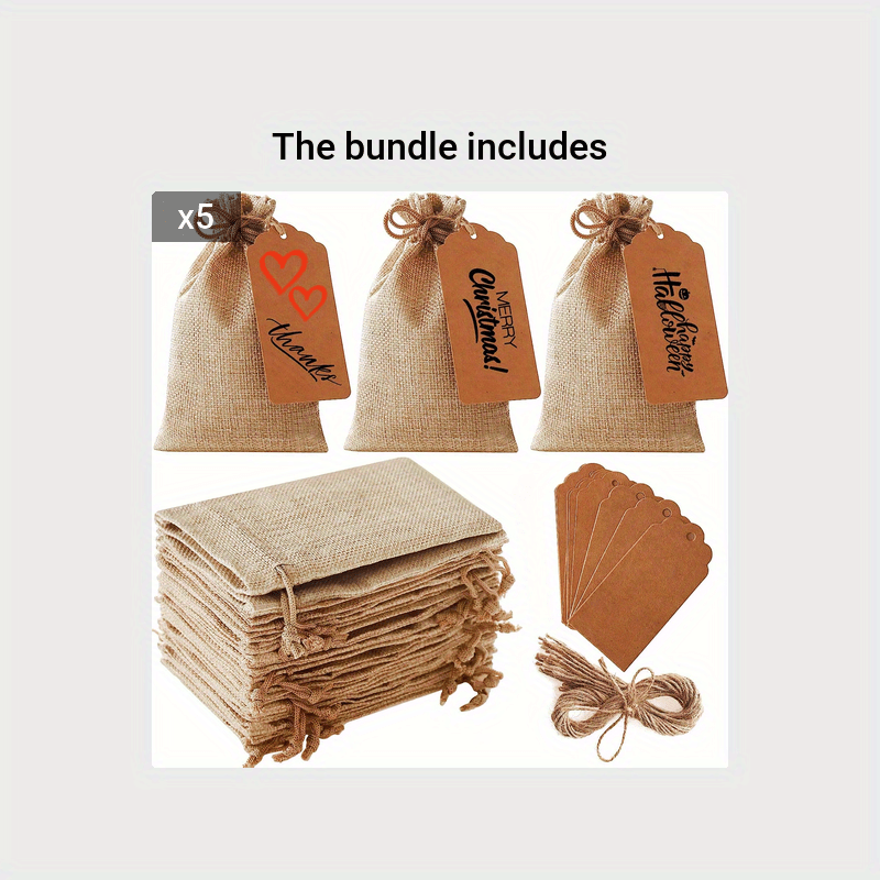 10 Sets Coarse Linen Gift Bags With Drawstrings, Tags and Ropes