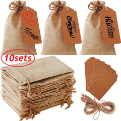 10 Sets Coarse Linen Gift Bags With Drawstrings, Tags and Ropes