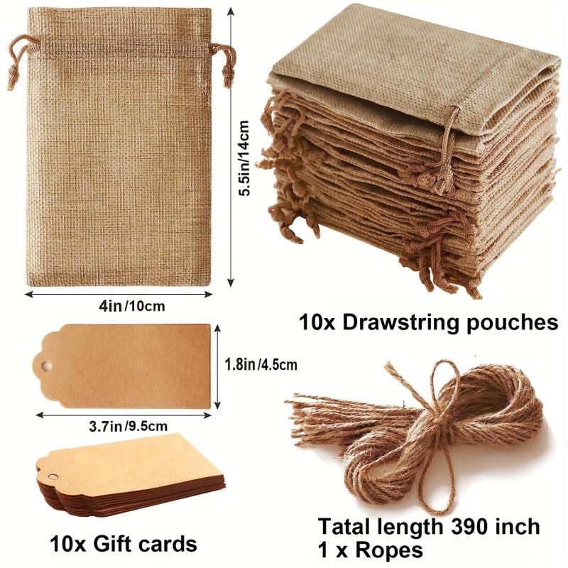 10 Sets Coarse Linen Gift Bags With Drawstrings, Tags and Ropes