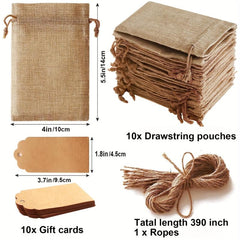 10 Sets Coarse Linen Gift Bags With Drawstrings, Tags and Ropes