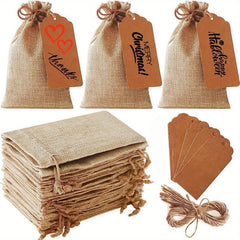 10 Sets Coarse Linen Gift Bags With Drawstrings, Tags and Ropes