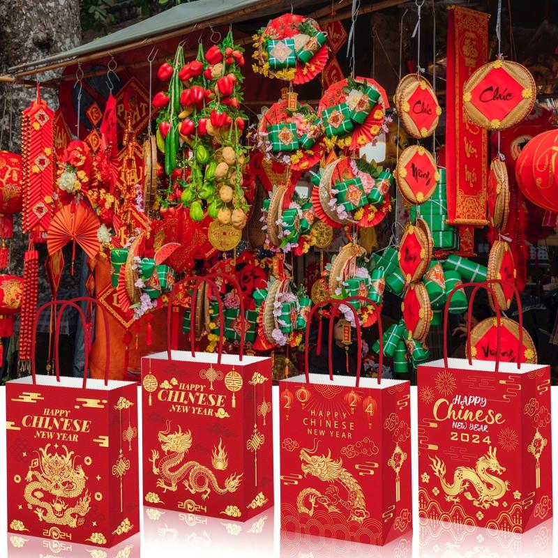 12pcs Chinese Dragon Happy Year Red Paper Party Bags for Candy Treat Favors