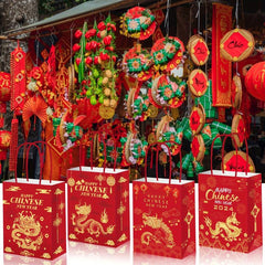 12pcs Chinese Dragon Happy Year Red Paper Party Bags for Candy Treat Favors