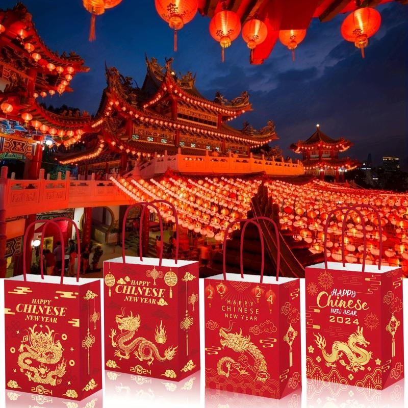 12pcs Chinese Dragon Happy Year Red Paper Party Bags for Candy Treat Favors