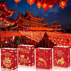 12pcs Chinese Dragon Happy Year Red Paper Party Bags for Candy Treat Favors
