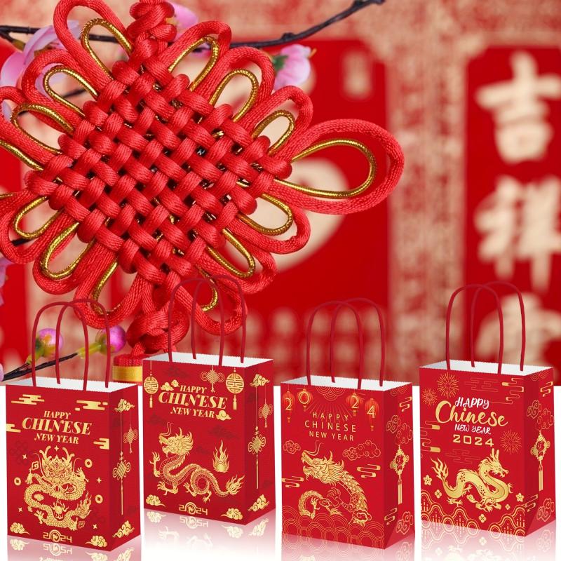 12pcs Chinese Dragon Happy Year Red Paper Party Bags for Candy Treat Favors