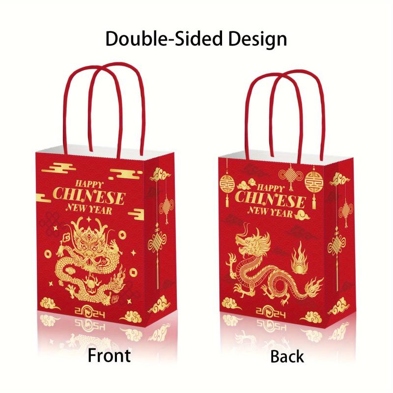 12pcs Chinese Dragon Happy Year Red Paper Party Bags for Candy Treat Favors