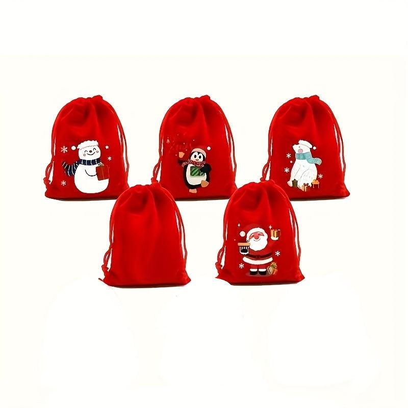 5pcs Red Christmas Velvet Bags 9x12cm Drawstring Candy Gift Bracelet Jewelry Pac
