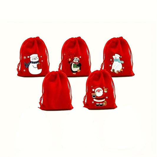 5pcs Red Christmas Velvet Bags 9x12cm Drawstring Candy Gift Bracelet Jewelry Pac