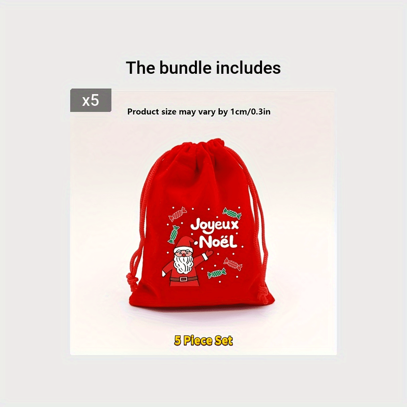 5pcs Christmas Gift Bag Red Velvet Cartoon Candy Bag Drawstring Festive Pouches