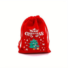 5pcs Christmas Gift Bag Red Velvet Cartoon Candy Bag Drawstring Festive Pouches