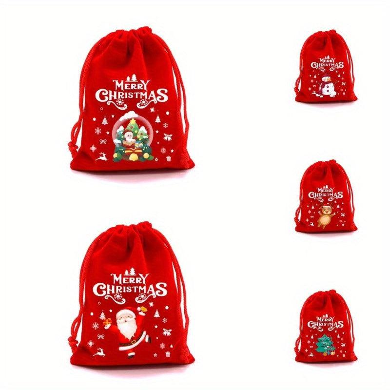 5pcs Christmas Gift Bag Red Velvet Cartoon Candy Bag Drawstring Festive Pouches