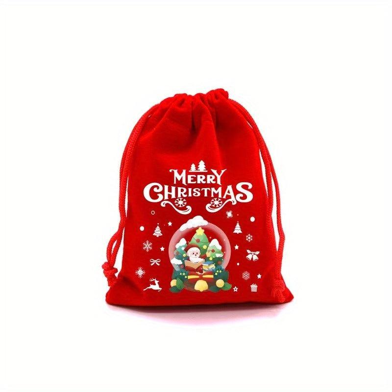 5pcs Christmas Gift Bag Red Velvet Cartoon Candy Bag Drawstring Festive Pouches