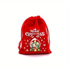 5pcs Christmas Gift Bag Red Velvet Cartoon Candy Bag Drawstring Festive Pouches