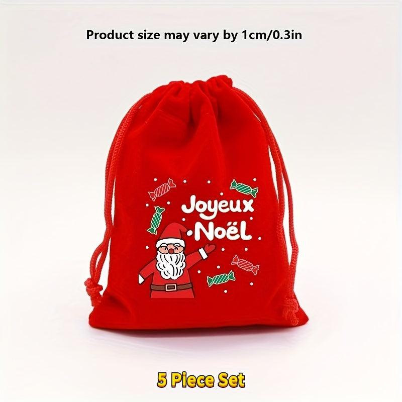 5pcs Christmas Gift Bag Red Velvet Cartoon Candy Bag Drawstring Festive Pouches