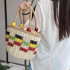 Beaded Straw Woven Handbag Beach Vacation Travel Bag