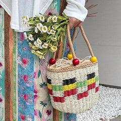 Beaded Straw Woven Handbag Beach Vacation Travel Bag