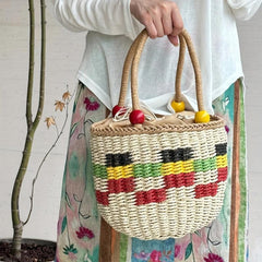 Beaded Straw Woven Handbag Beach Vacation Travel Bag