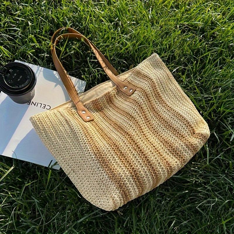 Summer Striped Tote Bag Women's Zipper Large Capacity Shoulder Bag