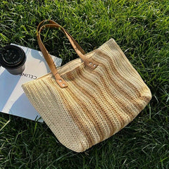 Summer Striped Tote Bag Women's Zipper Large Capacity Shoulder Bag