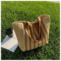 Summer Striped Tote Bag Women's Zipper Large Capacity Shoulder Bag