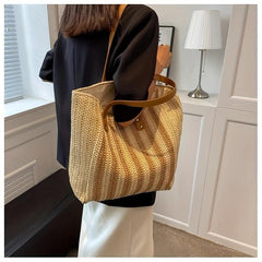 Summer Striped Tote Bag Women's Zipper Large Capacity Shoulder Bag