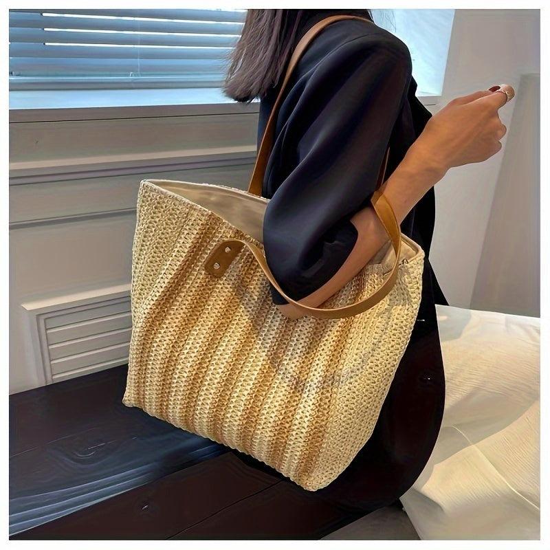 Summer Striped Tote Bag Women's Zipper Large Capacity Shoulder Bag
