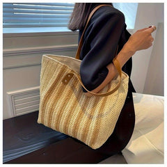 Summer Striped Tote Bag Women's Zipper Large Capacity Shoulder Bag