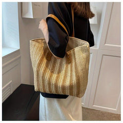 Summer Striped Tote Bag Women's Zipper Large Capacity Shoulder Bag