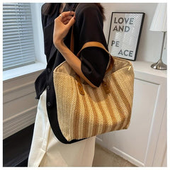 Summer Striped Tote Bag Women's Zipper Large Capacity Shoulder Bag