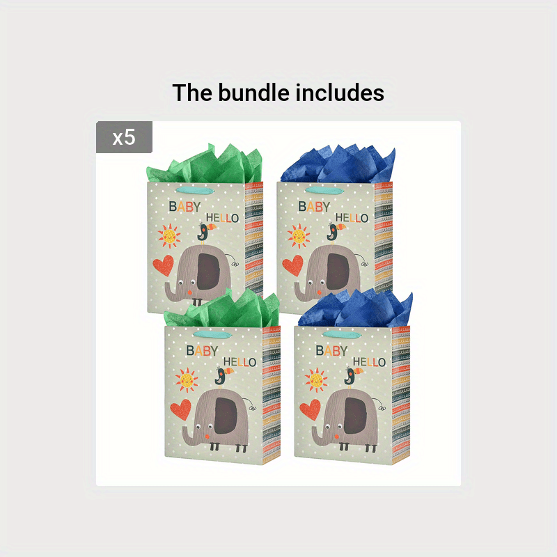 4pcs Large Baby Shower Birthday Gift Bags Elephant Design with Tissue Papers