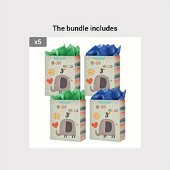 4pcs Large Baby Shower Birthday Gift Bags Elephant Design with Tissue Papers