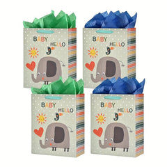 4pcs Large Baby Shower Birthday Gift Bags Elephant Design with Tissue Papers
