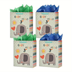 4pcs Large Baby Shower Birthday Gift Bags Elephant Design with Tissue Papers