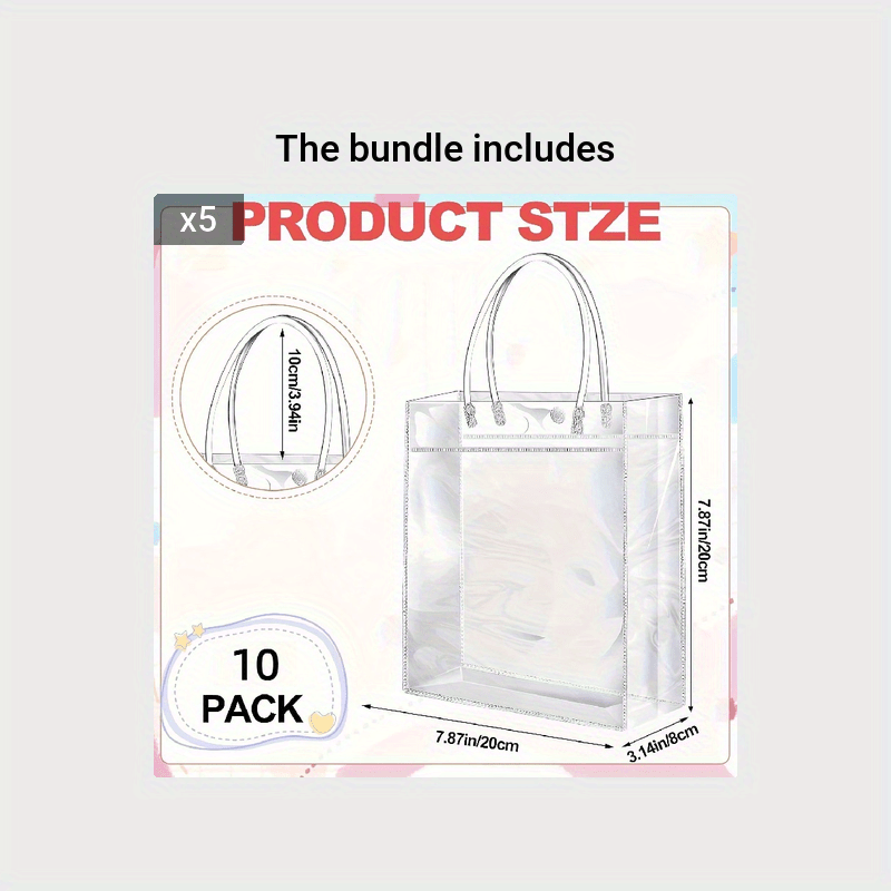 10pcs Clear Plastic Gift Bags Reusable PVC Wrap Tote Bag