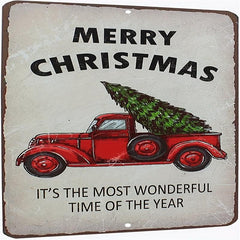 Merry Christmas Red Truck Tin Sign Retro Vintage Year Sign