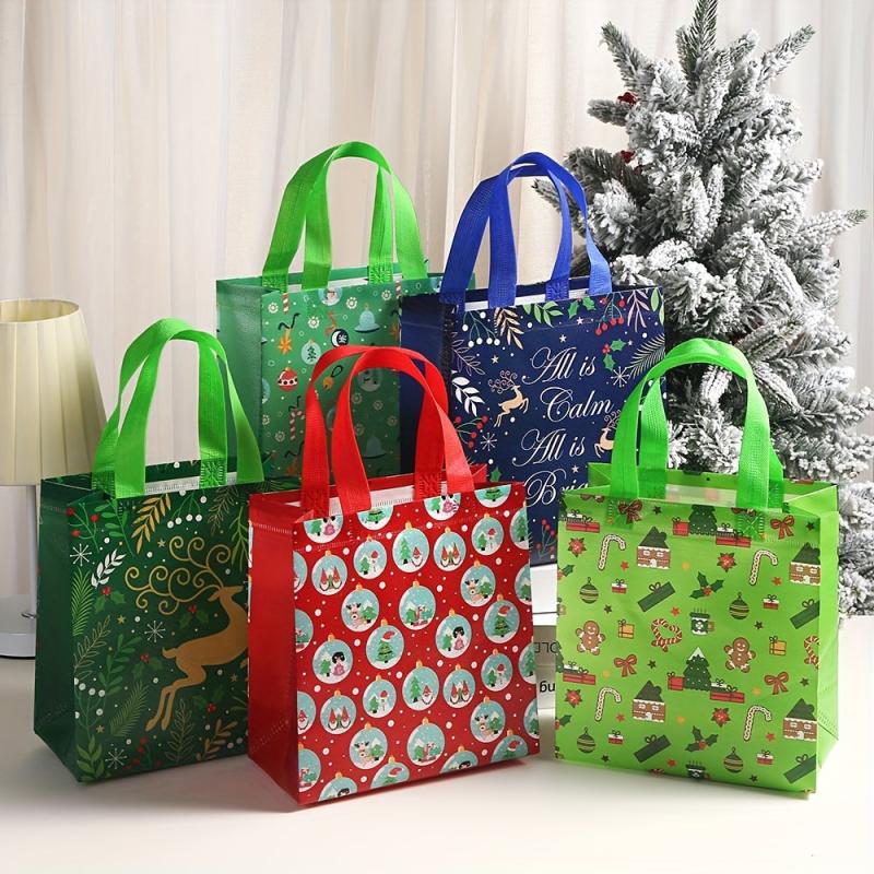 5pcs Christmas Gift Tote Bag Printed Shopping Packaging Bag Party Candy Gift Bag