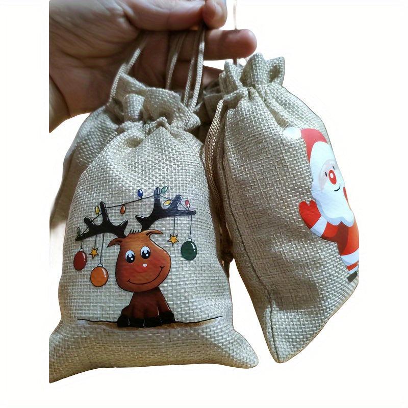 12pcs Christmas Burlap Gift Bag & Bibs Set, 4 Patterns, Drawstrings, Party Decor