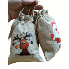 12pcs Christmas Burlap Gift Bag & Bibs Set, 4 Patterns, Drawstrings, Party Decor