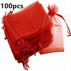 100pcs Red Organza Drawstring Storage Bags 6.99 X 8.99 cm