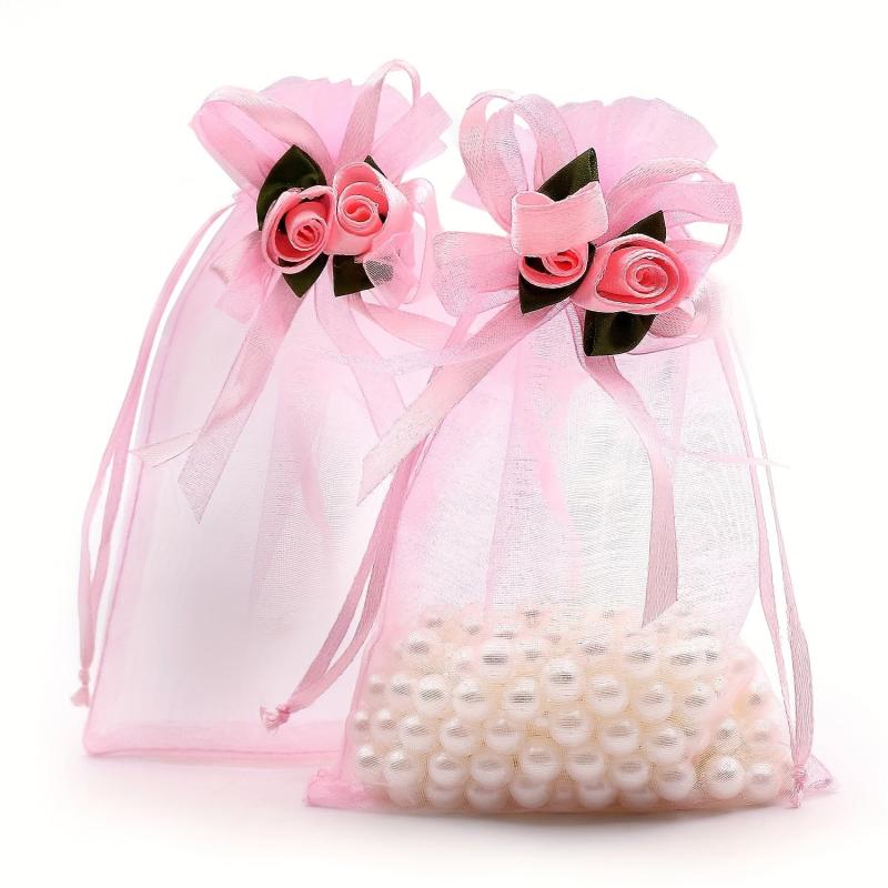 50pcs Organza Yarn Bags Flowers Wedding Gift Bags 10 16x15 24 Cm