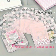 Pink Ballet Style Rhombic Pattern Slide Seal Bag Jewelry Card Set Packaging Bag