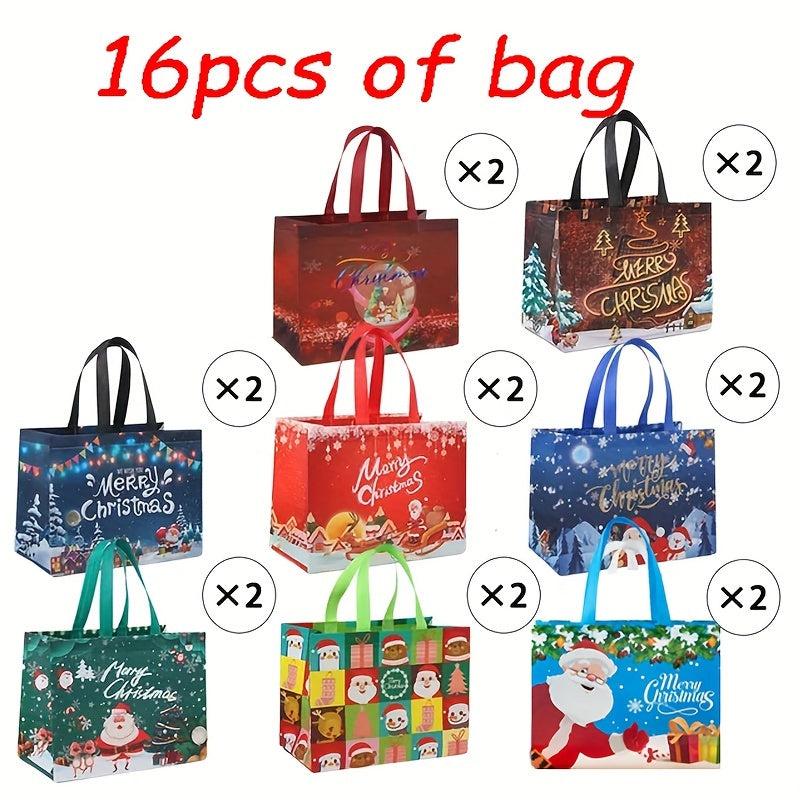 16pcs Christmas Gift Bags Non Woven Tote Bag Reusable Waterproof Shopping Bags