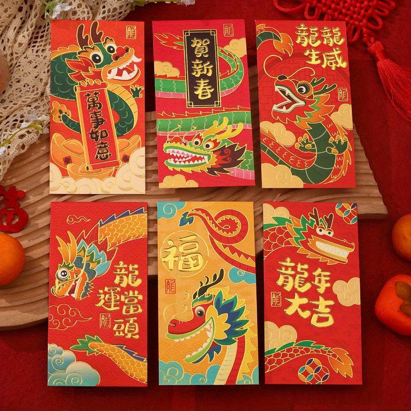 6pcs Dragon Year Cartoon Red Envelope Bag, Personality Creative Design